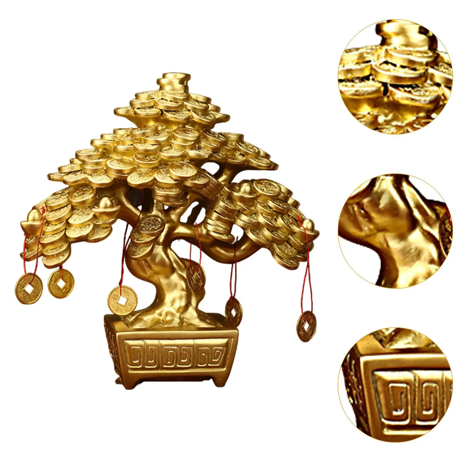 Decoración de mesa de árbol de dinero chino, decoración Feng Shui de Color dorado, estatuilla de resina de 17,5x9x19,5 cm para dormitorio ligero - imagen 5