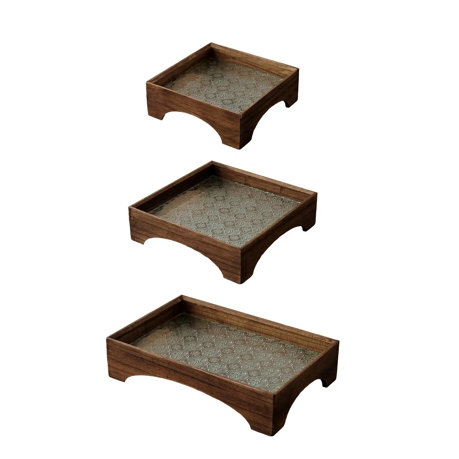 Serving Tray Wood and Embossment Glass Platter Multiuse Desk Organizer Makeup