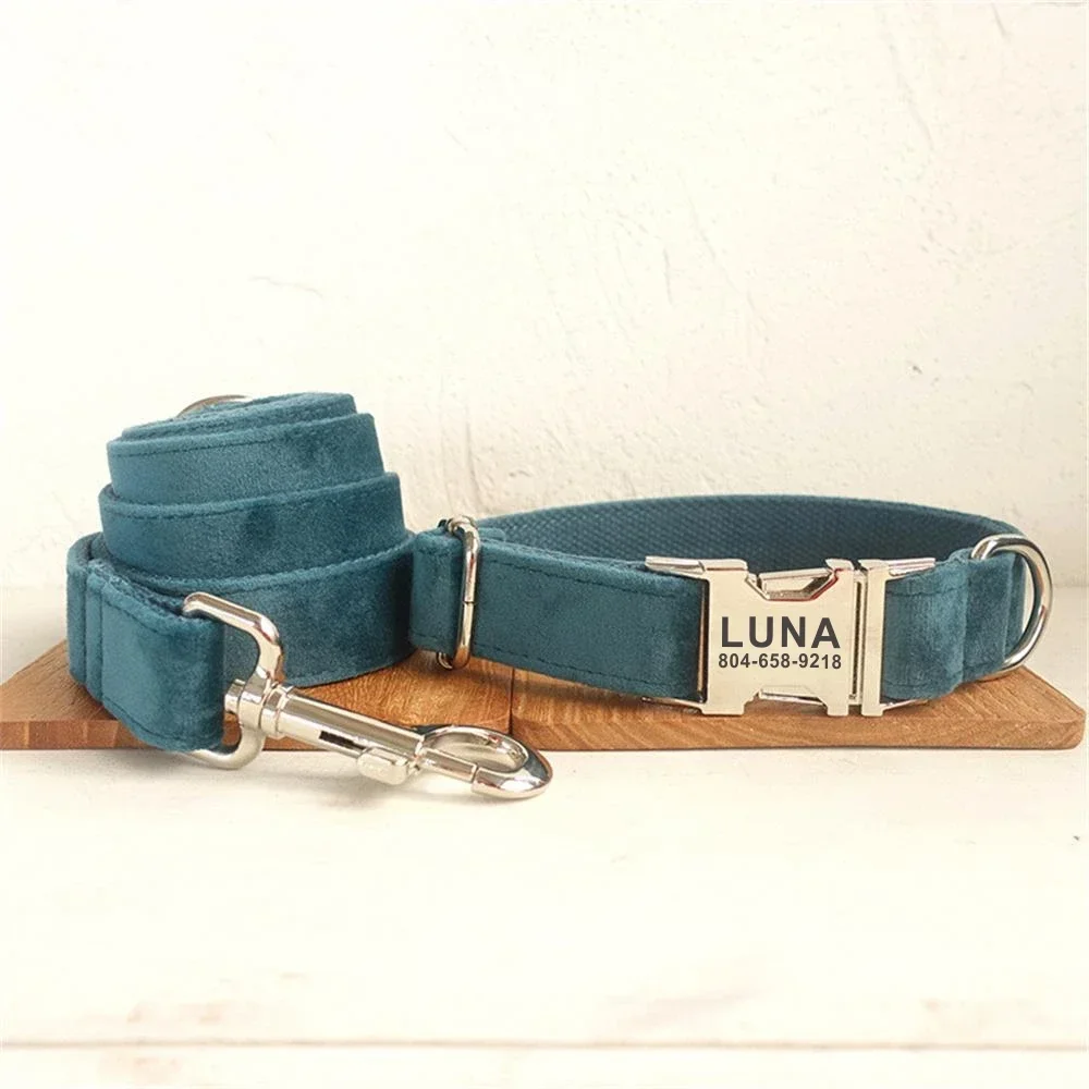 Collar de perro personalizado con grabado gratuito, correa para mascotas a juego, hebilla de Metal de contactos personalizados, Collar para mascotas de terciopelo verde esmeralda