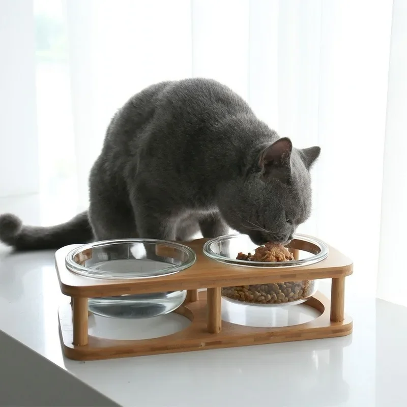 Cuenco de vidrio elevado con doble lazo para gato, soporte de madera elevado para mascotas, diseño de cuidado del cuello para gatito, cachorro, cómodo, tazón de alimentación para beber saludable - imagen 2