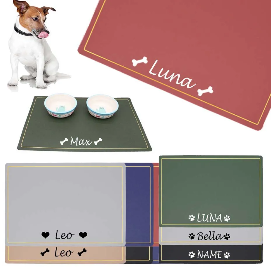 Tapete personalizado para cuencos de comida para mascotas, mantel individual personalizado impermeable de PU para nombre de perro, fácil lavado, accesorios para almohadilla de alimentación para beber