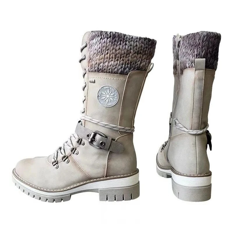 Botas altas para mujer Botas largas de lana con cinturón y nudo Otoño Invierno Botas de tubo ortopédicas de gran tamaño