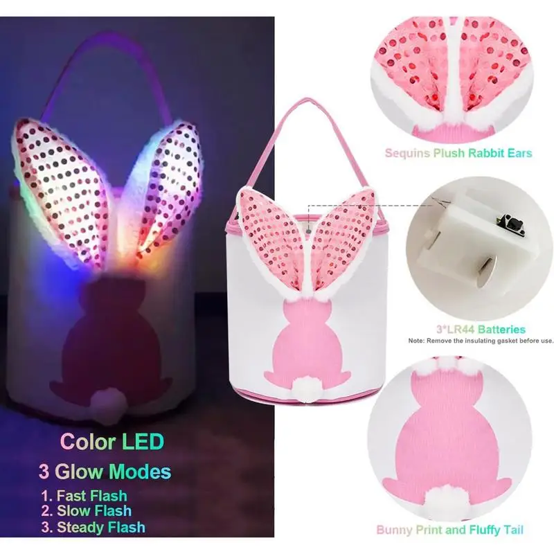 Cesta de conejito de Pascua LED para niños, bolso de mano de conejo, cubo para caza de huevos, bolsas de lona de cola peluda Con 3 modos Led - imagen 4