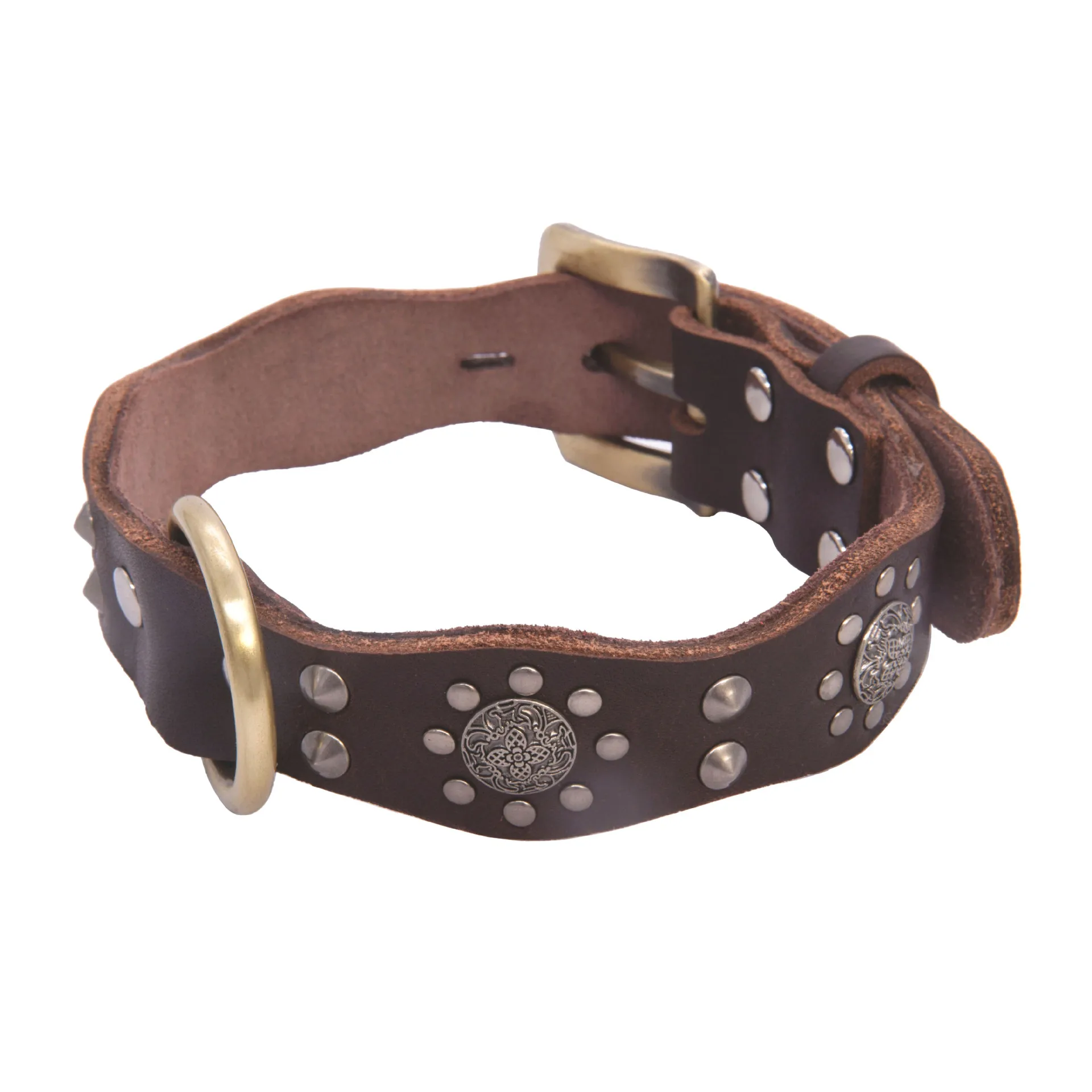 Collar de perro ajustable con tachuelas de cuero genuino para mascotas con bordes ondulados y tachuelas accesorios de metal Collar de cuero de perro de piel de vaca - imagen 2