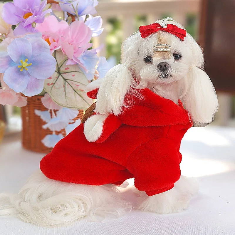 Abrigo de lana de Reno de Navidad para mascotas, chaqueta cálida de piel sintética de felpa para invierno, abrigo de invierno con capucha rojo para mascotas, traje para perros, ropa de invierno - imagen 2