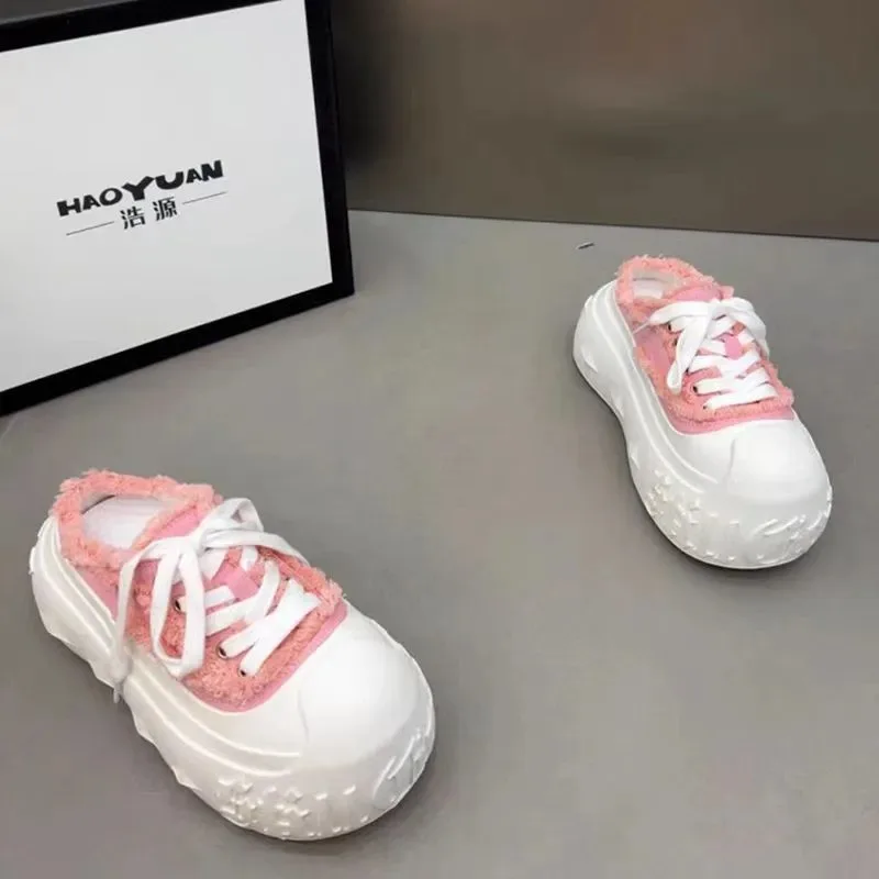 Zapatos deportivos informales de lona para mujer, zapatillas de tacón alto con parte inferior gruesa, ropa para exteriores, Sandalias planas de estilo coreano con suela de goma