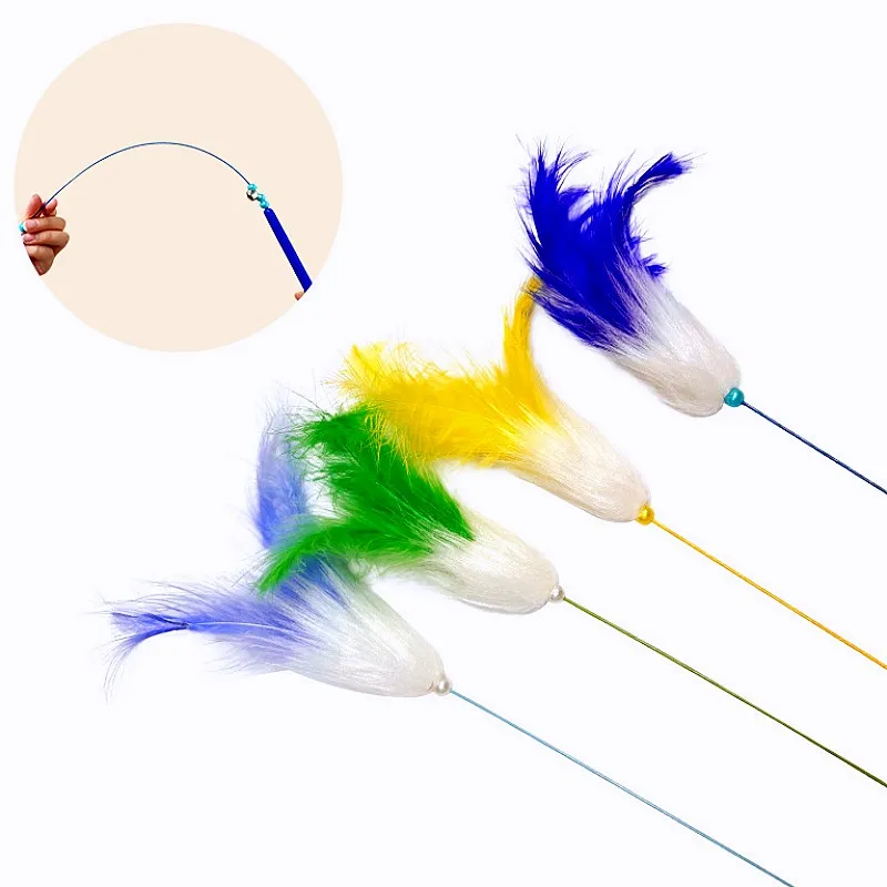 Juguete para gatos con plumas, palo de rompecabezas para gatos, juguetes coloridos para gatos, palo de plumas de lana con mango largo interactivo, juguetes para gatos, juguete para provocar con campana - imagen 4