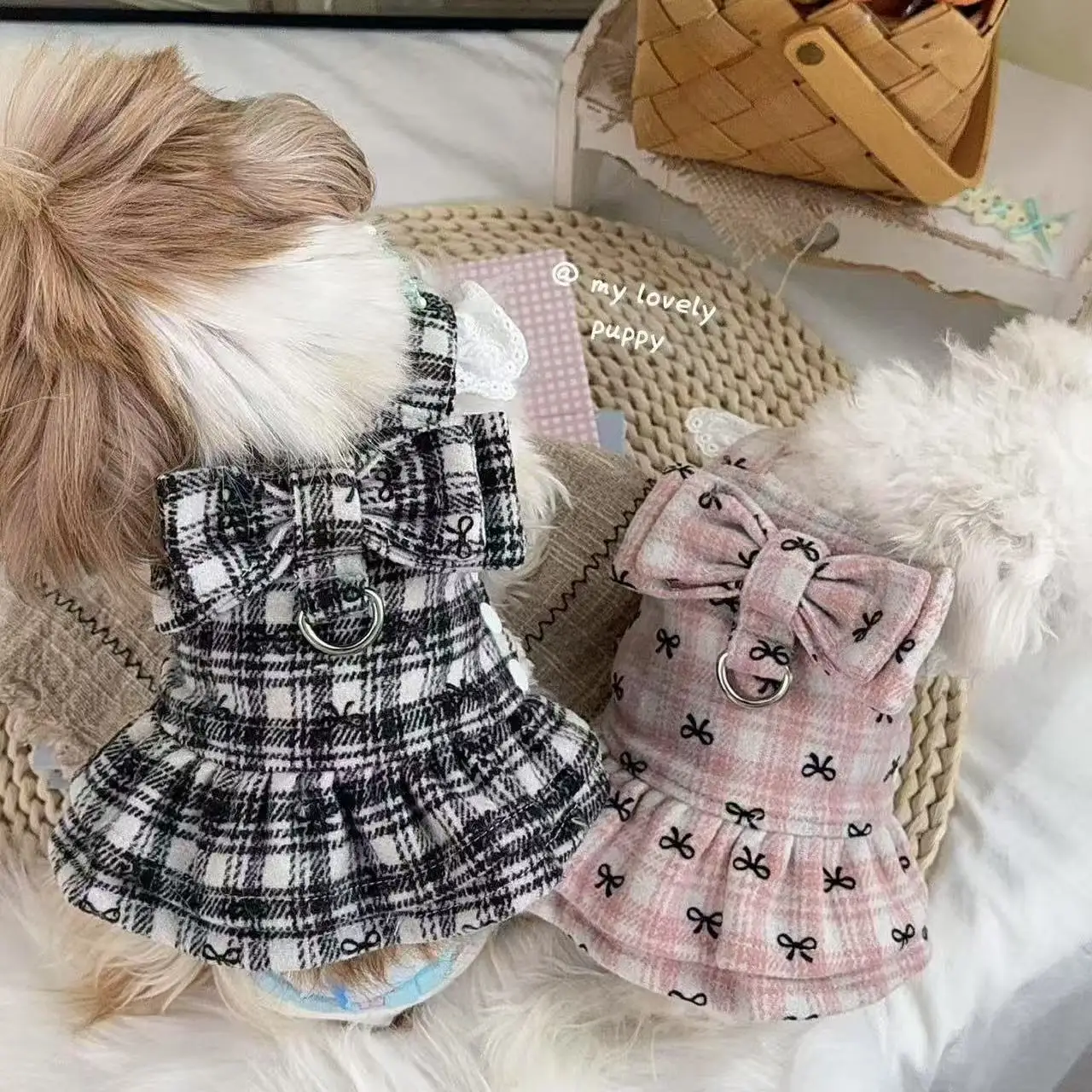 Falda con tirantes y lazo a cuadros para perros pequeños, abrigo cálido para perros con diseño de tracción, ropa de punto para cachorros y gatos, otoño e invierno - imagen 3