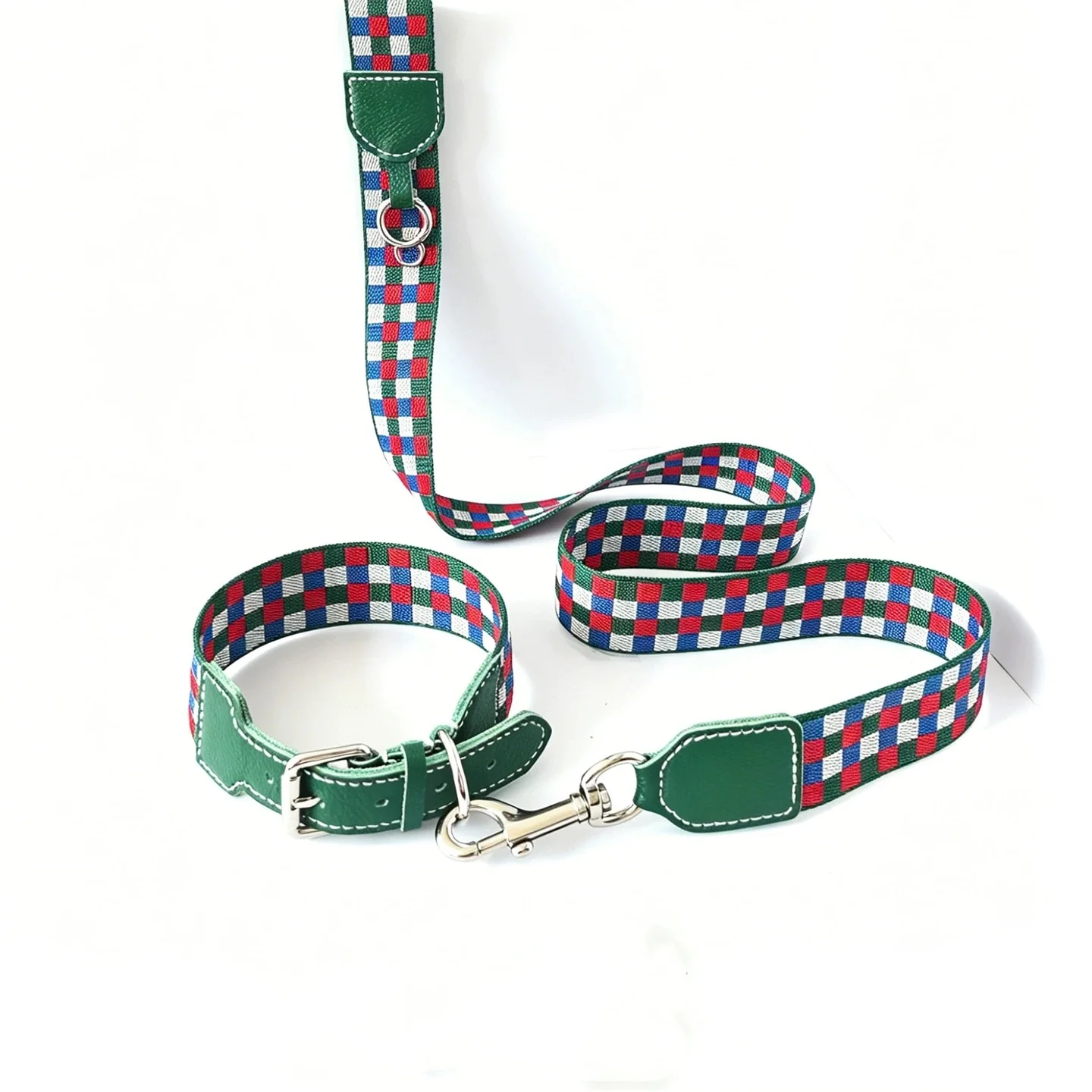 Collar y correa de cuero genuino para perro – Estilo bohemio a cuadros - imagen 3