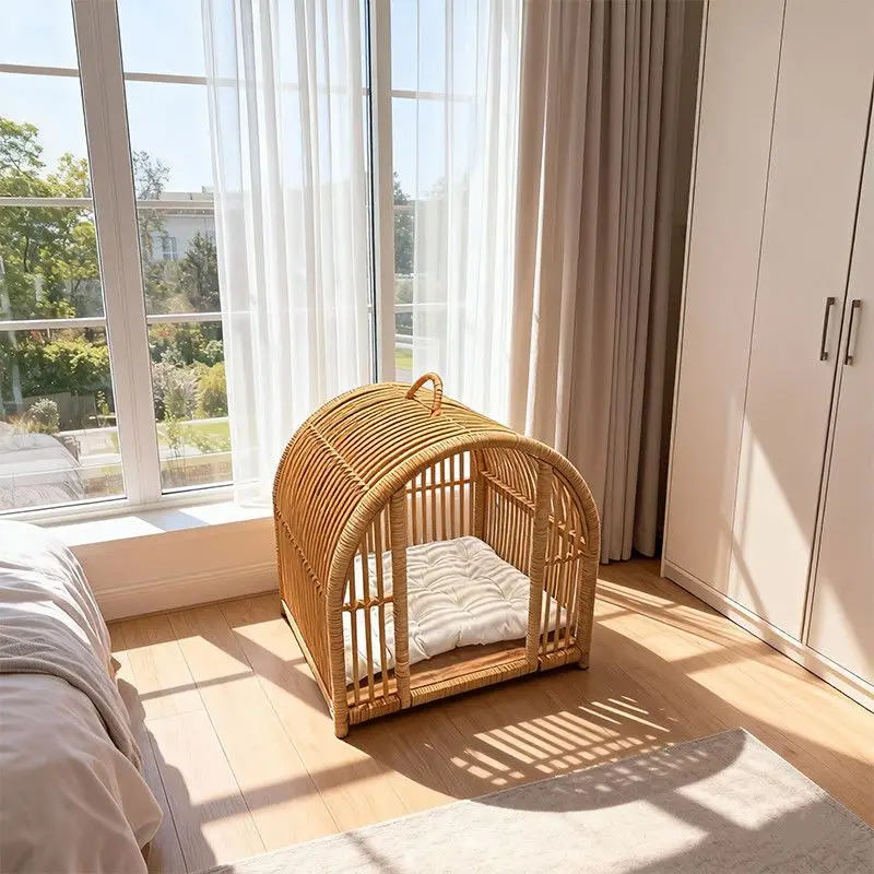 Cama semicerrada de ratán con cojín para gatos y perros pequeños - imagen 2