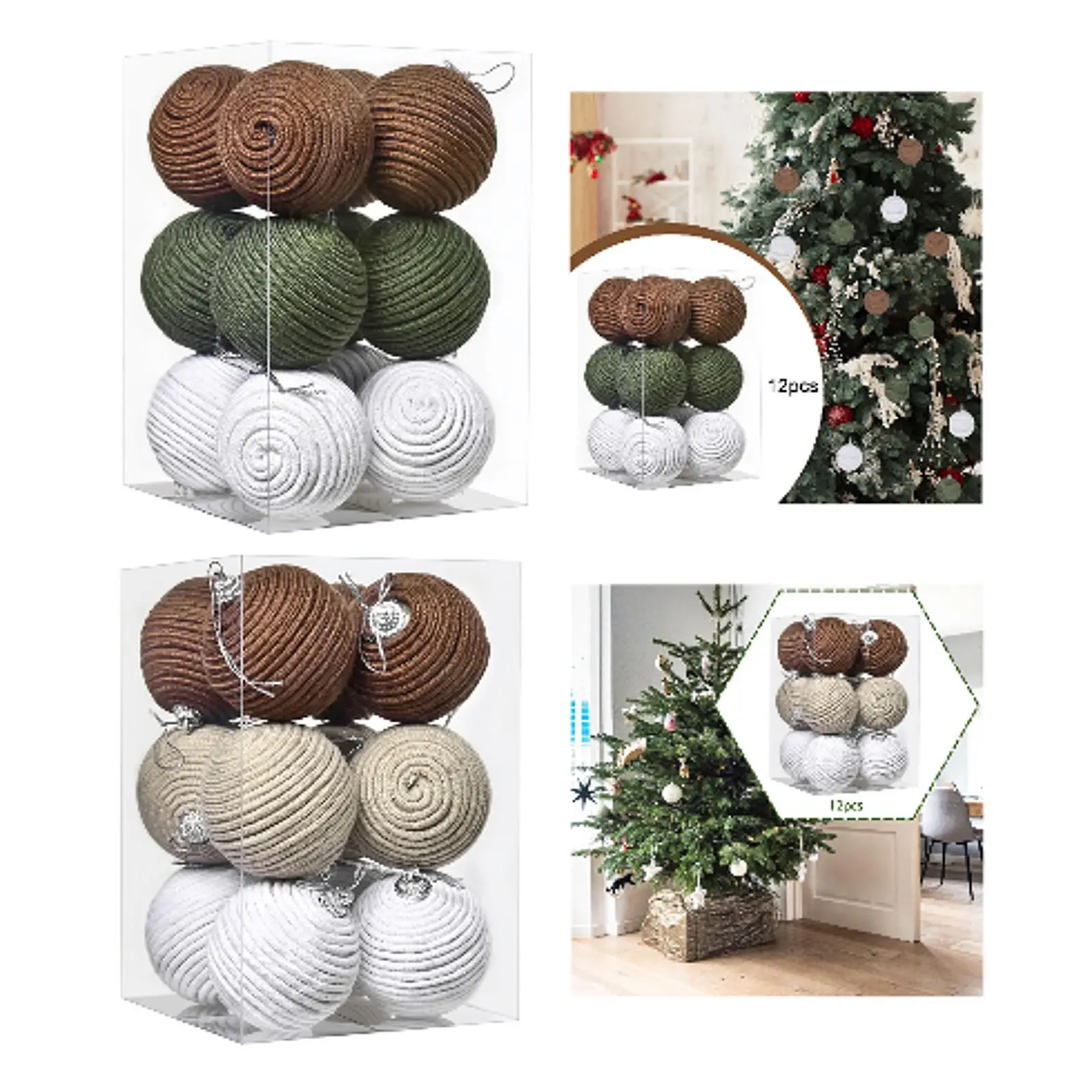 12 piezas de bolas de Navidad, celebraciones navideñas, colgantes portátiles, cuerda de yute, suministros para fiestas de centro comercial, adornos de decoración de árbol de Navidad