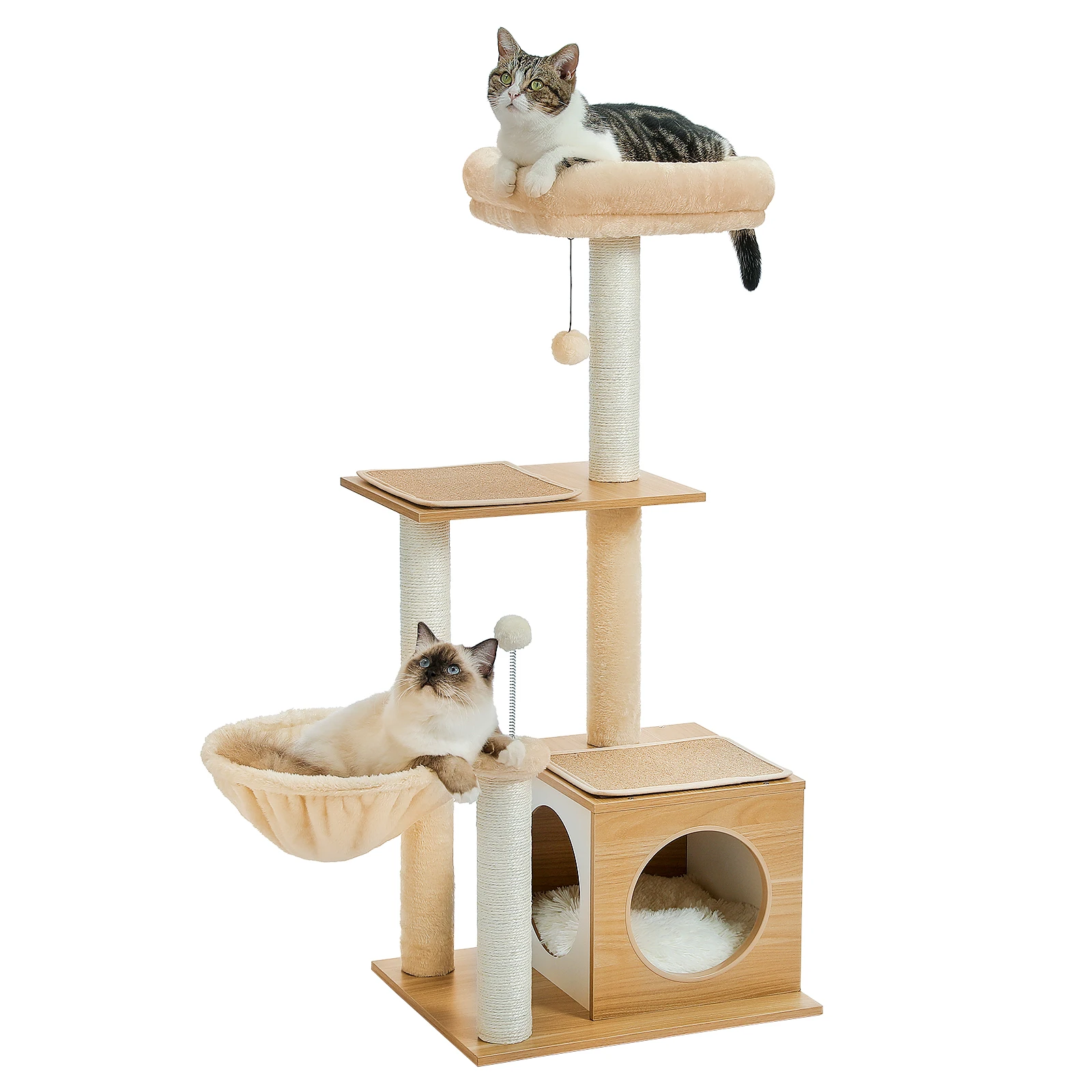 Casa de árbol moderna para gatos, torre de madera multicapa con poste de rascado de Sisal Natural, juguete de salto de escalada, altura de 110cm - imagen 5