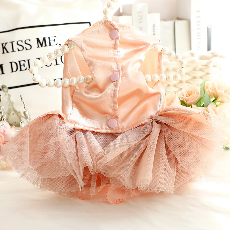 Vestido de malla de rosa brumosa para cachorros pequeños, traje de boda Bouffant transpirable con lazo desmontable, ropa para mascotas de primavera y verano - imagen 3