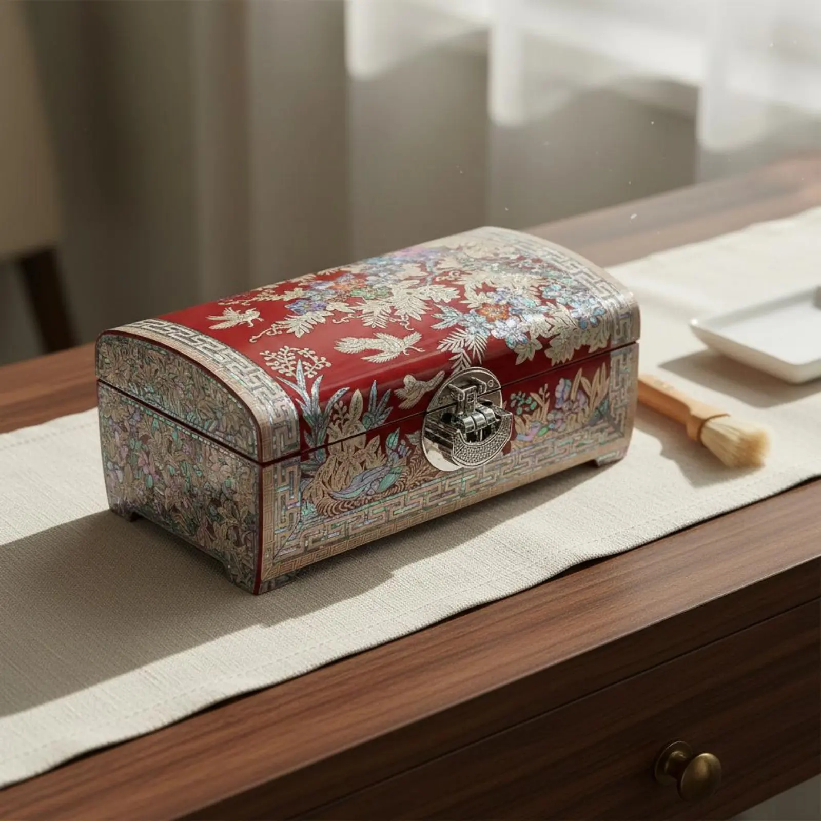 Caja de joyería de madera bloqueable con laca china, espejo y cierre - imagen 3