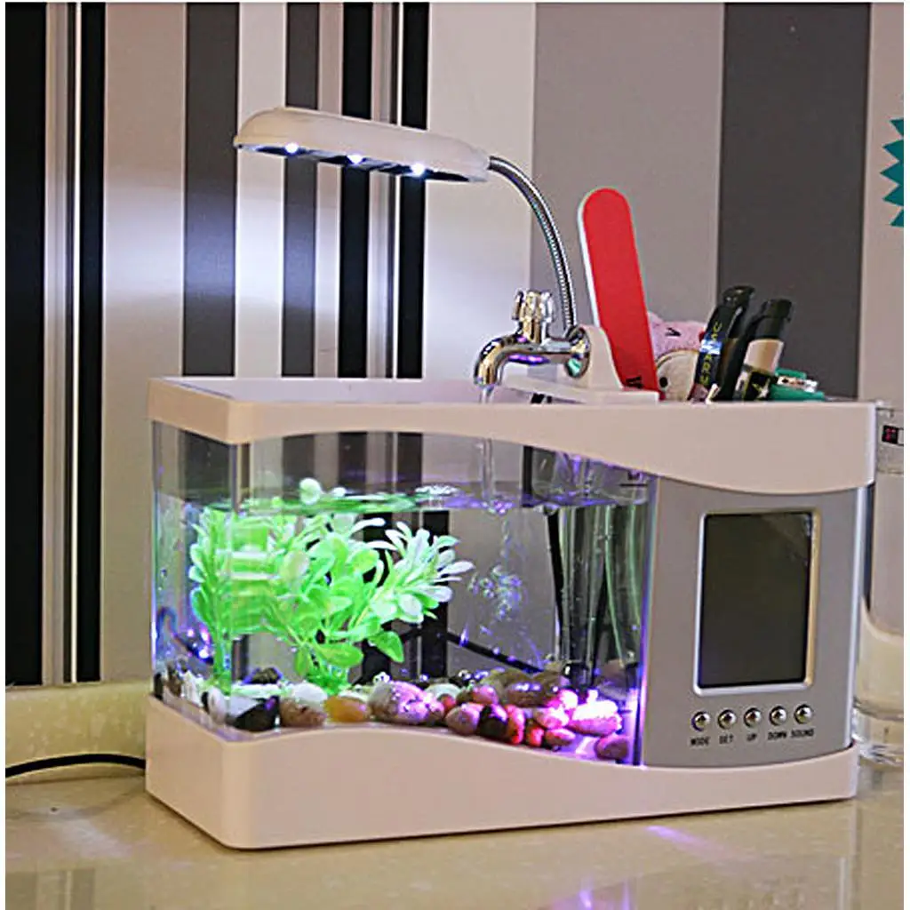 Mini USB Desktop Aquarium LCD Display Fish Tank Clock LED Lamp Light Black/ White