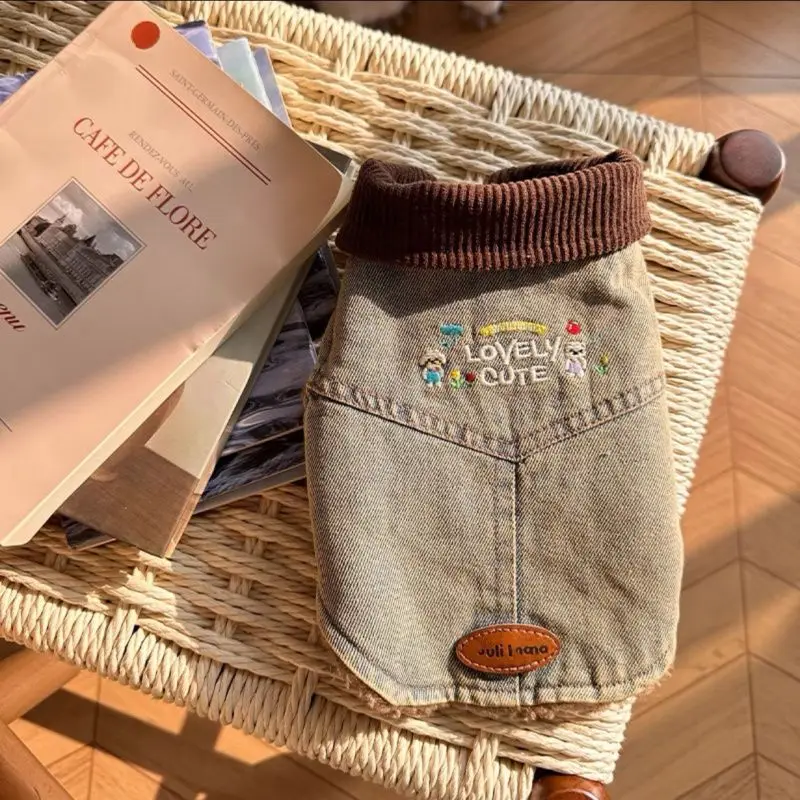 Chaqueta vaquera bordada de otoño e invierno para mascotas, chaleco vaquero para gatos, chaleco cálido y de felpa para otoño e invierno, ropa para cachorros - imagen 4