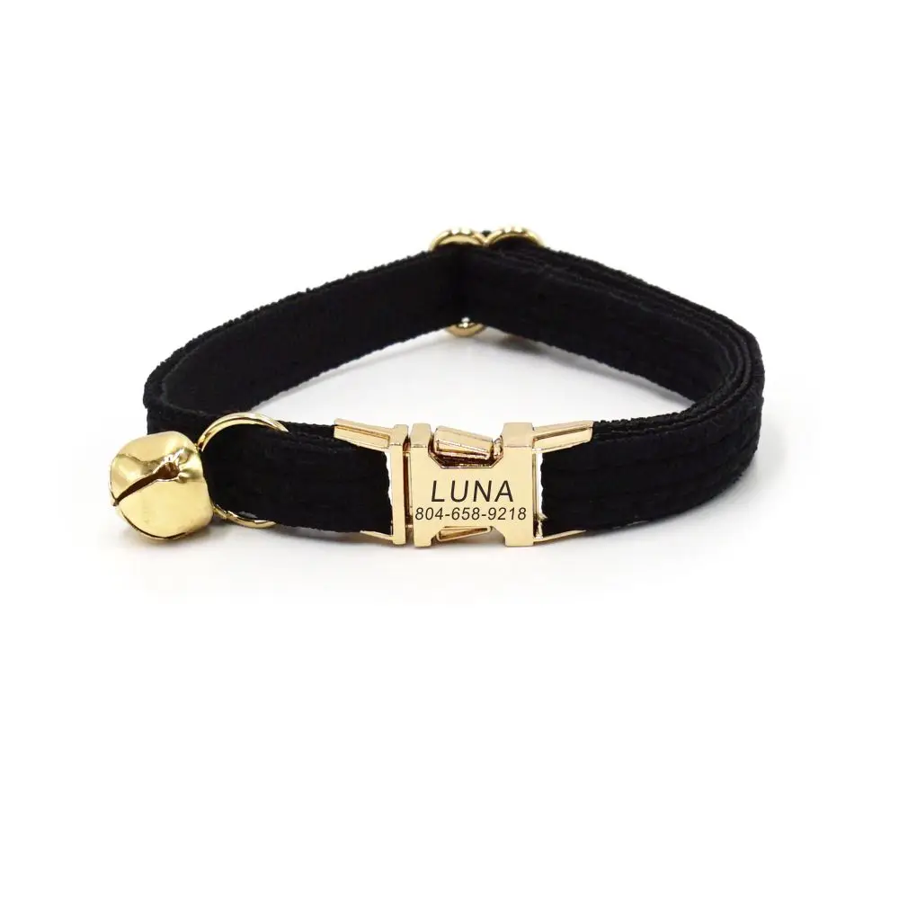 Collar de gato personalizado, placa de identificación, hebilla de Metal, ajustable, terciopelo negro, con campana