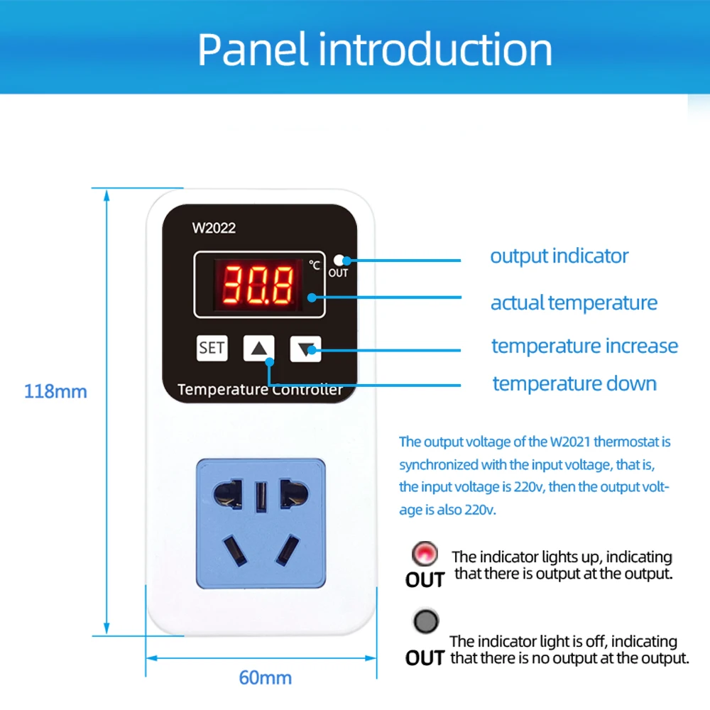 Controlador de temperatura W2022, pantalla LED AC110/220V, termostato Digital, microordenador inteligente de 1500W, Control preciso de temperatura - imagen 2