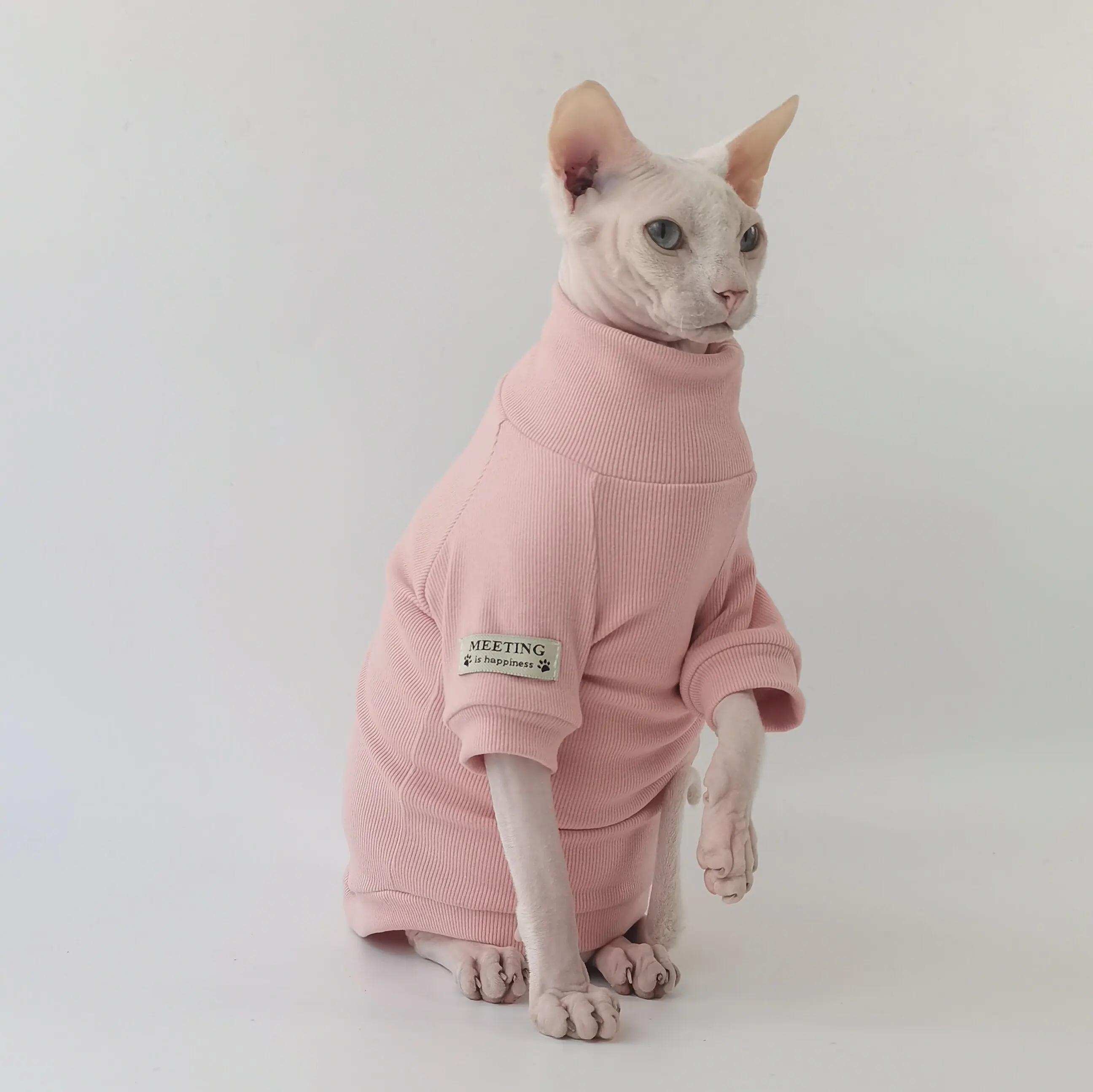 Camiseta de algodón caqui para gatos Sphynx y Devon Rex - manga larga