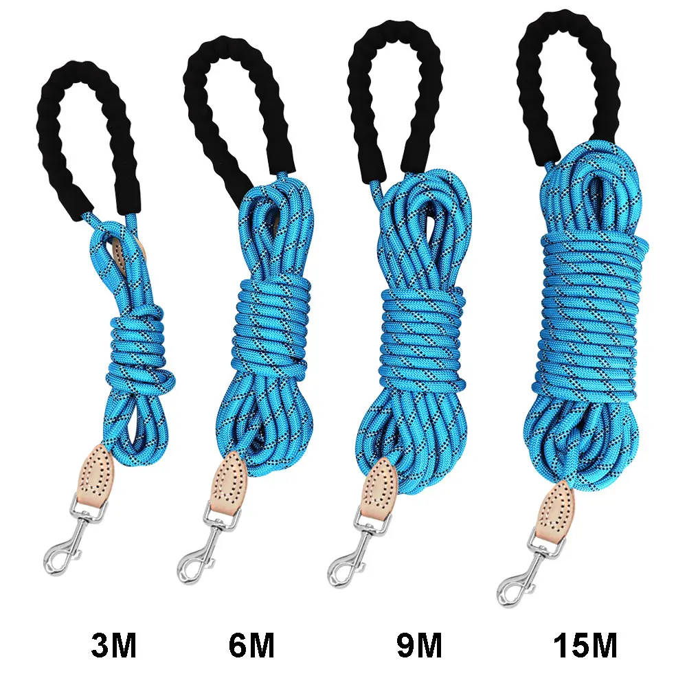 Correa de nailon larga y duradera para perro, cuerda reflectante de plomo con mango, correas para caminar para cachorros, perros pequeños y grandes, Pug azul, 3M, 15M
