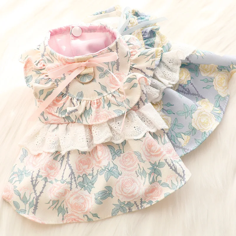 Vestido de princesa fino de primavera y verano, ropa con estampado Floral, falda con volantes y anillo en D para perros pequeños - imagen 3