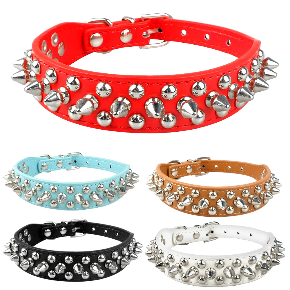 Collar de perro de cuero con tachuelas y pinchos para perros pequeños y medianos, Bulldog, ajustable, antimordida, correa para el cuello para cachorro, accesorios para mascotas - imagen 3