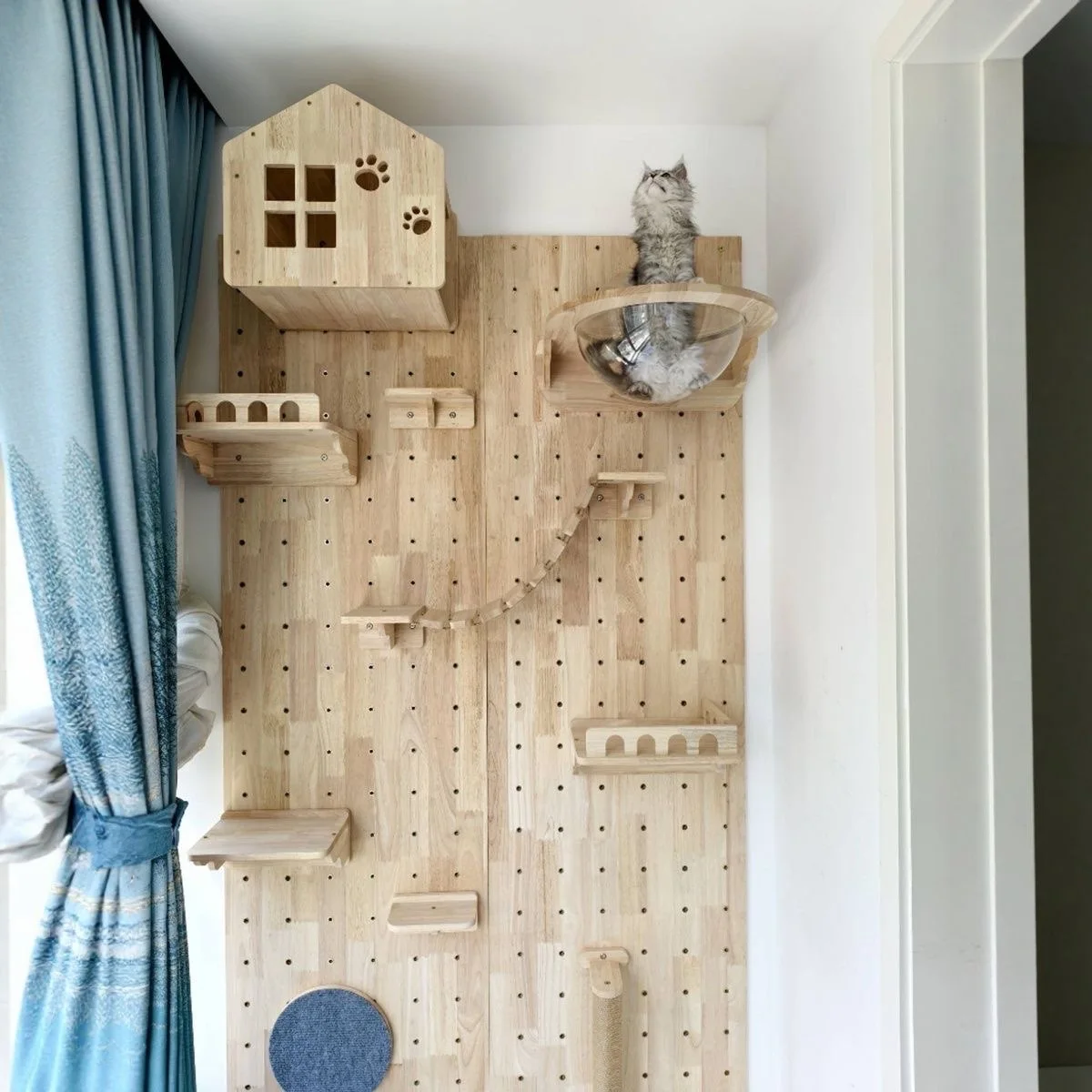 Estantes de madera para árbol de gato montados en la pared, postes rascadores, perchas trepadoras para gatos, hamaca con escalones y escalera, muebles de madera para mascotas - imagen 5