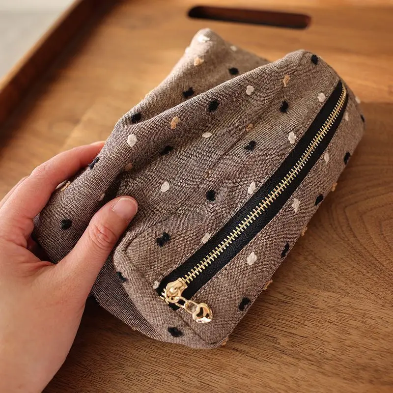 Bolsa de cosméticos de tela a rayas a cuadros, bolsa de almacenamiento cuadrada tridimensional con cremallera, bolso portátil de viaje, bolsa de maquillaje con forro - imagen 3