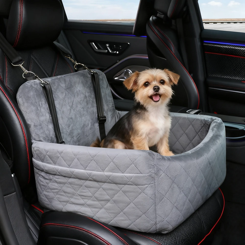 Asiento de coche portátil cálido para perros pequeños y medianos con cojín lavable, cinturón de seguridad para cama, bolsillo de almacenamiento para viajes al aire libre, 1 ud.