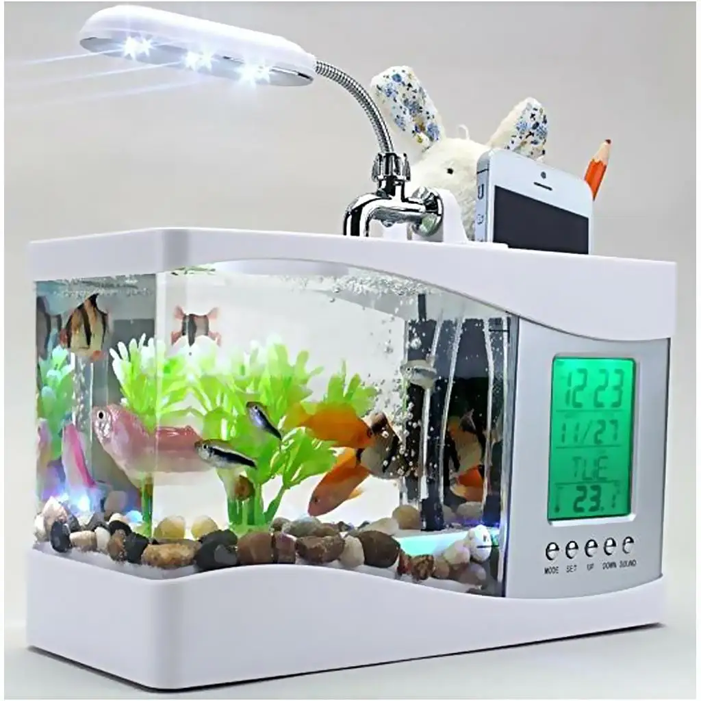 Mini USB Desktop Aquarium LCD Display Fish Tank Clock LED Lamp Light Black/ White