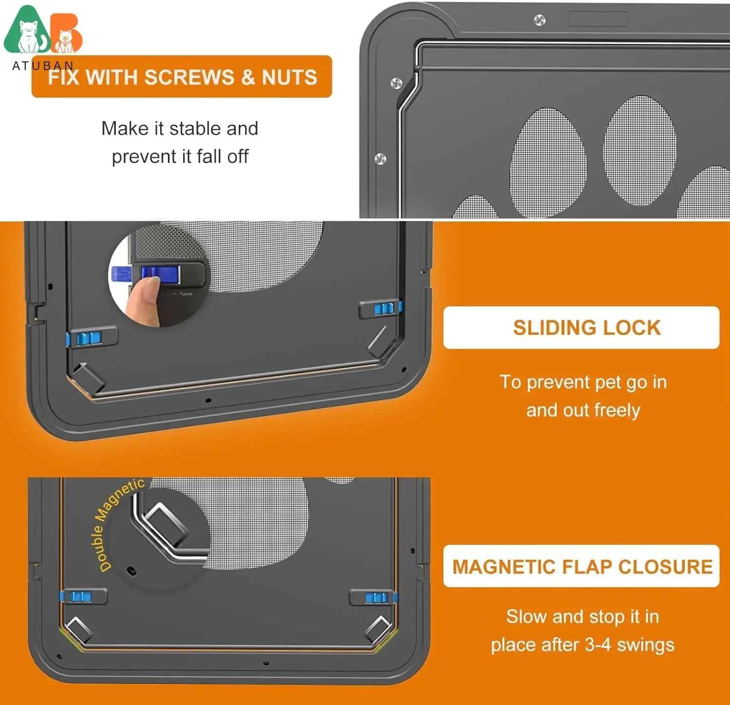 Puerta para perros ATUBAN para puerta de pantalla, puerta para perros de 12x14 pulgadas, puerta corredera, puerta magnética para perros y gatos medianos y grandes, puerta para mascotas Pas - imagen 3