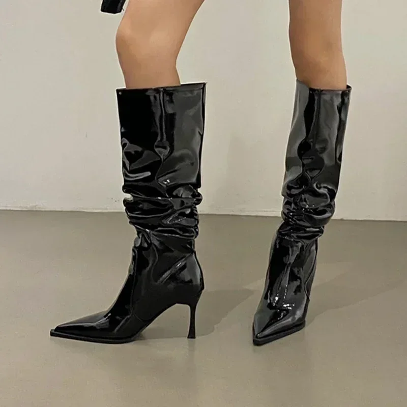 Botas altas de cuero para Mujer, zapatos sexis de tacón alto con punta puntiaguda, Botas Chelsea de fiesta a la moda para Mujer, Botas de nieve nuevas para Mujer - imagen 3
