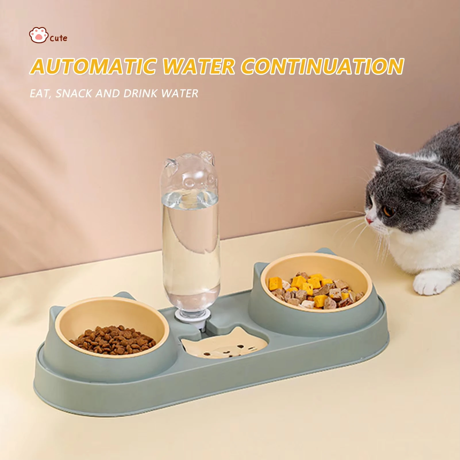 Cuenco para Gato, alimentador automático, cuenco de comida para perros con fuente de agua, doble cuenco, soporte elevado para beber, cuencos para gatos - imagen 2