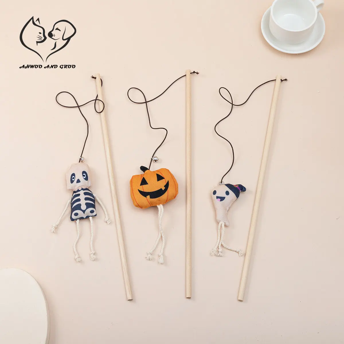 Juguetes interactivos para gatos, cuerda de algodón con campana, Varita Teaser, suministros para gatitos, esqueleto divertido, fantasma, halloween