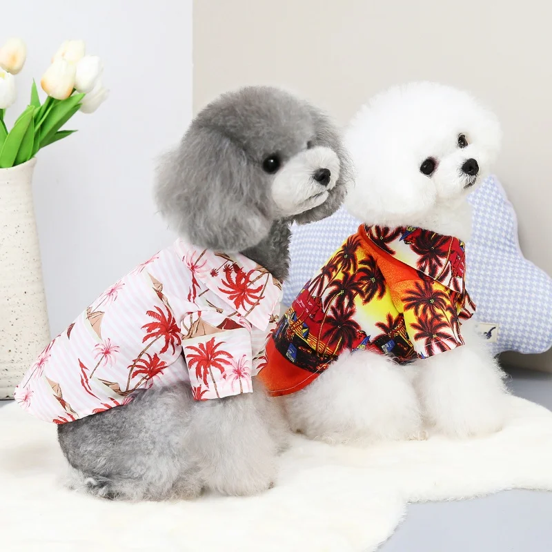 Perro posando con camisa hawaiana roja