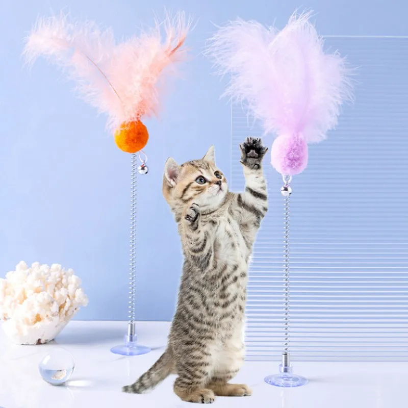 Juguete de pluma de primavera para gatos, palo interactivo de bola de lana con campana, ventosa, palos para mascotas - imagen 2
