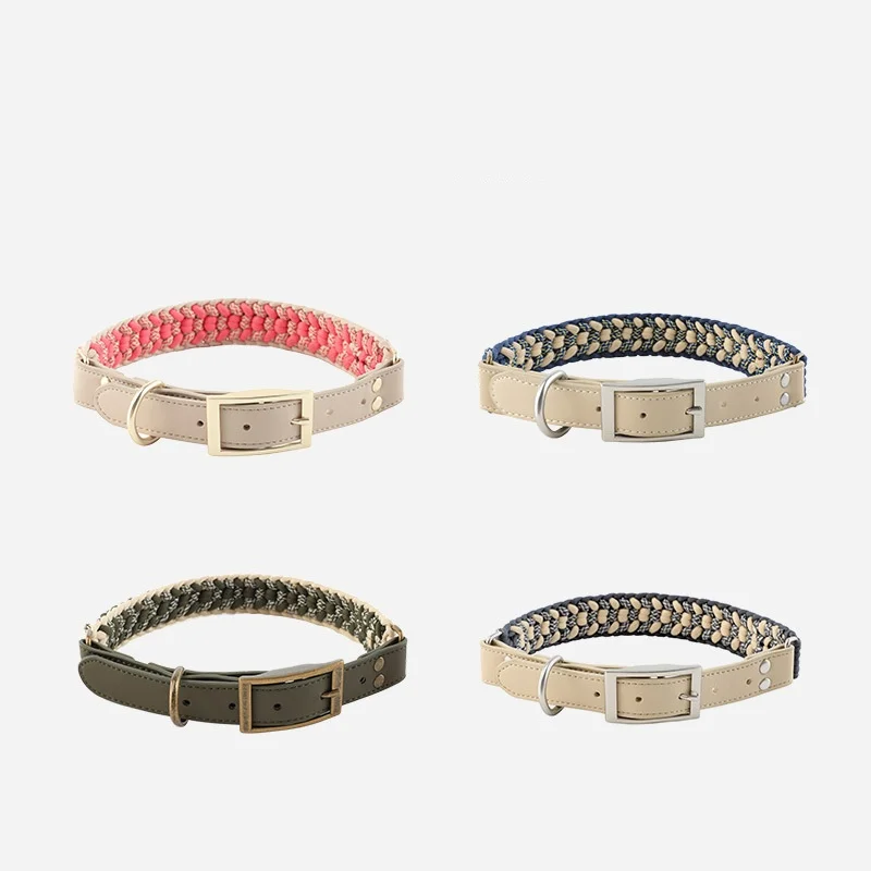Collar de cuero tejido a mano para mascotas, conjunto de correa, Collar de perro a rayas multicolor, Collar de perro trenzado suave y ajustable con hebilla de Metal - imagen 4
