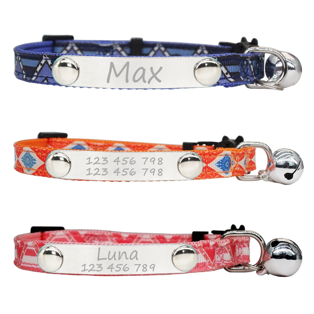 Collar con hebilla de seguridad para gatos, ID personalizado, estilo bohemio, placa con nombre personalizada ajustable, grabado gratis, Collar de nailon de acero inoxidable - imagen 3