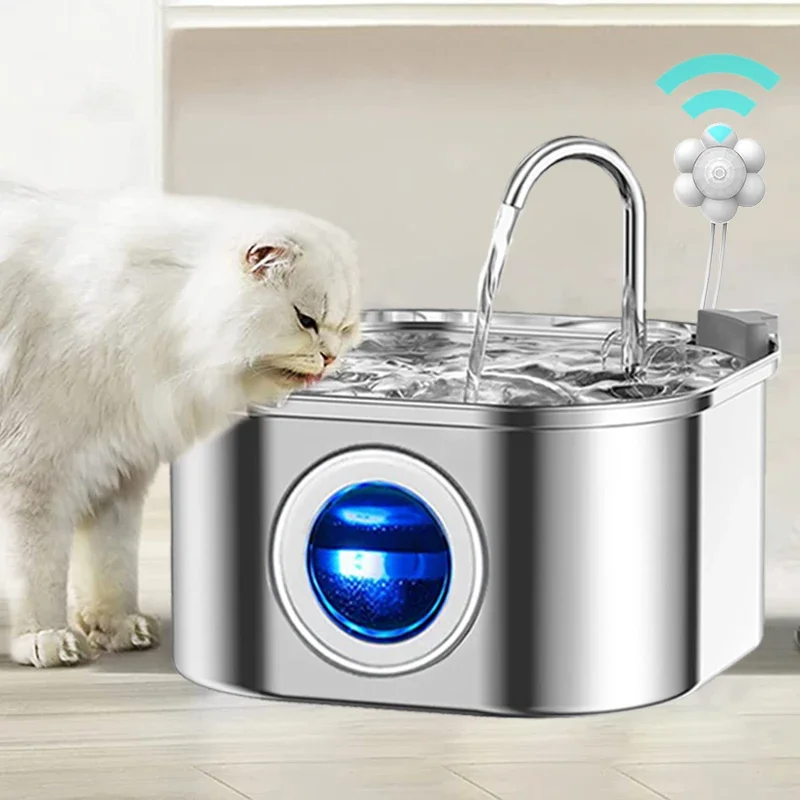 Dispensador de agua transparente para gatos con ventana, fuente de agua de acero inoxidable con sensor de 3,2l/108oz, súper silenciosa y filtro automático para mascotas