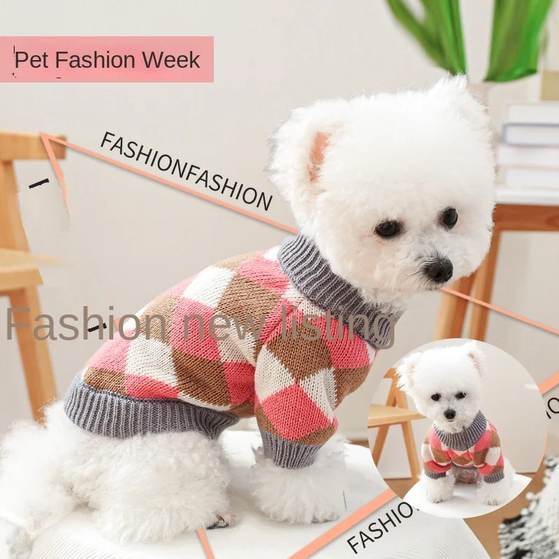 Suéter de rombos Rosa café para mascotas, ropa de invierno para cachorros y gatos, venta al por mayor, nuevo