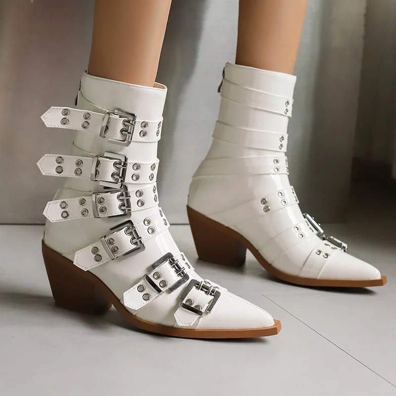 2025 Botas cortas con hebilla de cinturón estilo Punk puntiagudo a la moda para mujer, botas sexis europeas y americanas para banquetes y discotecas - imagen 3