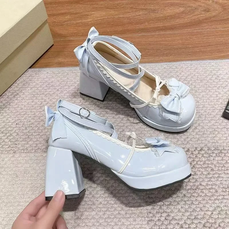 Zapatos de tacón alto con correa cruzada para mujer, zapatos de tacón Mary Jane para fiesta, boda, Cosplay, lazo azul Beige, princesa, Cosplay, Lolita, 2025 - imagen 5