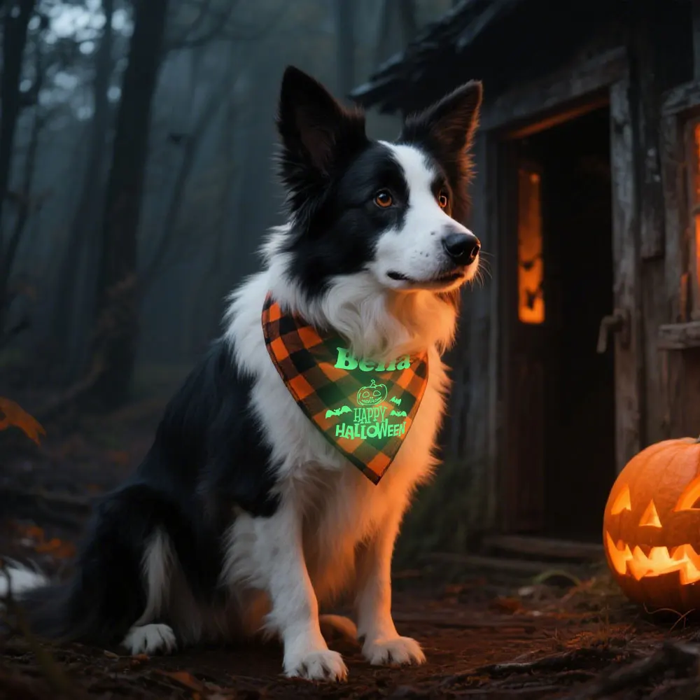 Collar Bandana para perro personalizado, pañuelos de Halloween para perro, ropa con patrón de calabaza fantasma luminoso para Halloween, perros pequeños, medianos y grandes - imagen 5