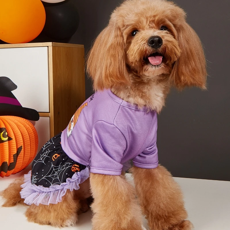 Vestido de Halloween para mascotas con estampado de gnomo, patrones de calabaza y falda de tul, opciones naranja y morado para perros pequeños, fiestas de Halloween - imagen 3