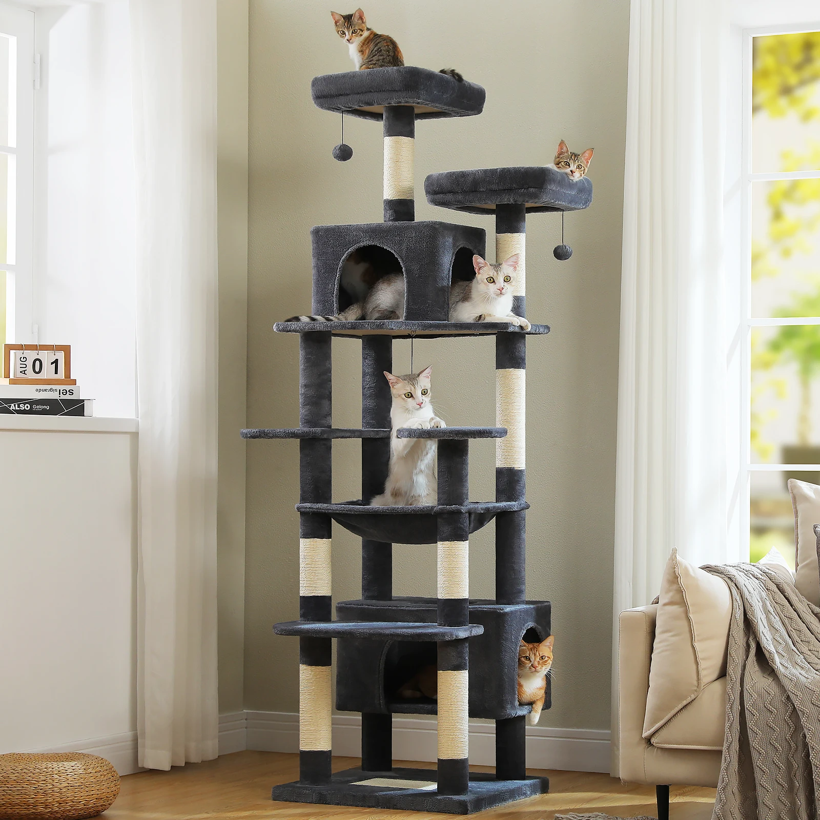 Torre de árbol para gatos de 205cm de alto condón doble, hamaca y perchas de gran tamaño, condón extra grande XL con postes rascadores para gatos grandes - imagen 2