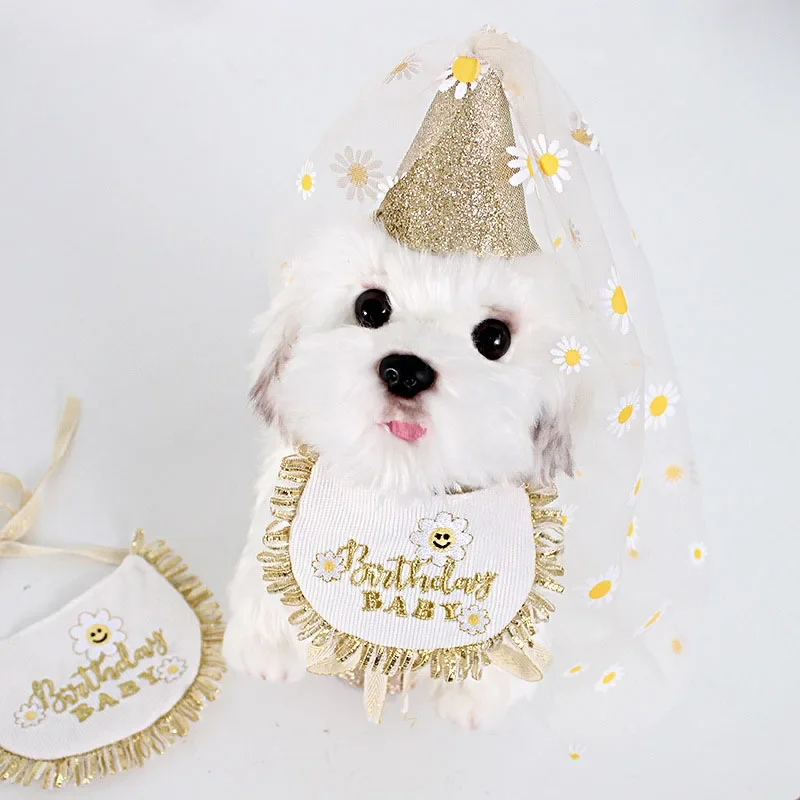 Sombrero de cumpleaños de margaritas para perros, babero para mascotas, toalla de Saliva para fiesta, bufanda triangular, gato, cachorro, Chihuahua, 1 Juego - imagen 4