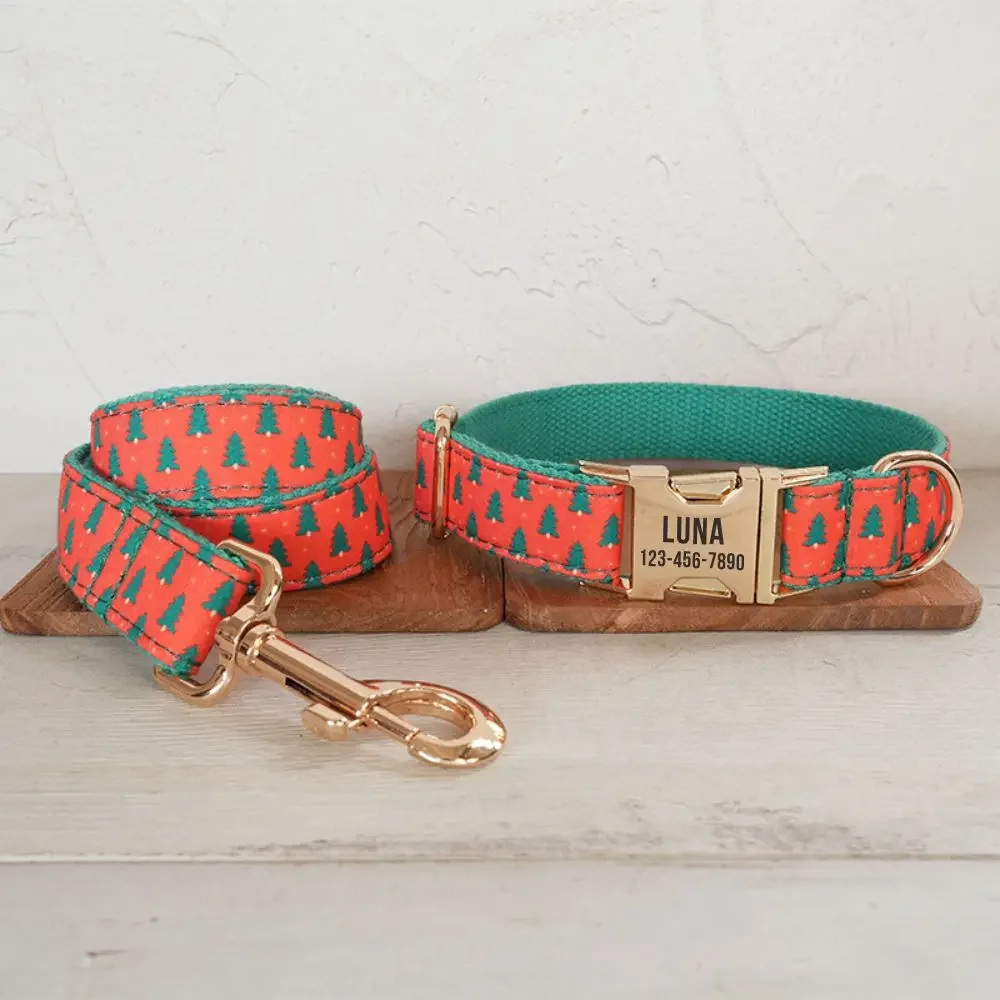 Collar de perro personalizado con grabado gratuito, correa para mascotas a juego, hebilla de Metal de contactos personalizados, Collar rojo de árbol de Navidad