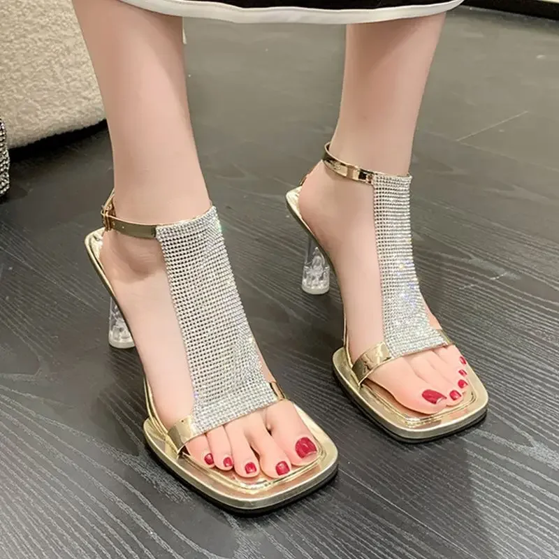 Zapatos de tacón alto transparentes para mujer, sandalias gruesas con diamantes de imitación, para verano, 2023 - imagen 3