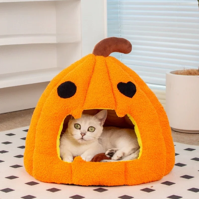 Cama cálida para gatos semicerrada calabaza Halloween otoño invierno - imagen 3