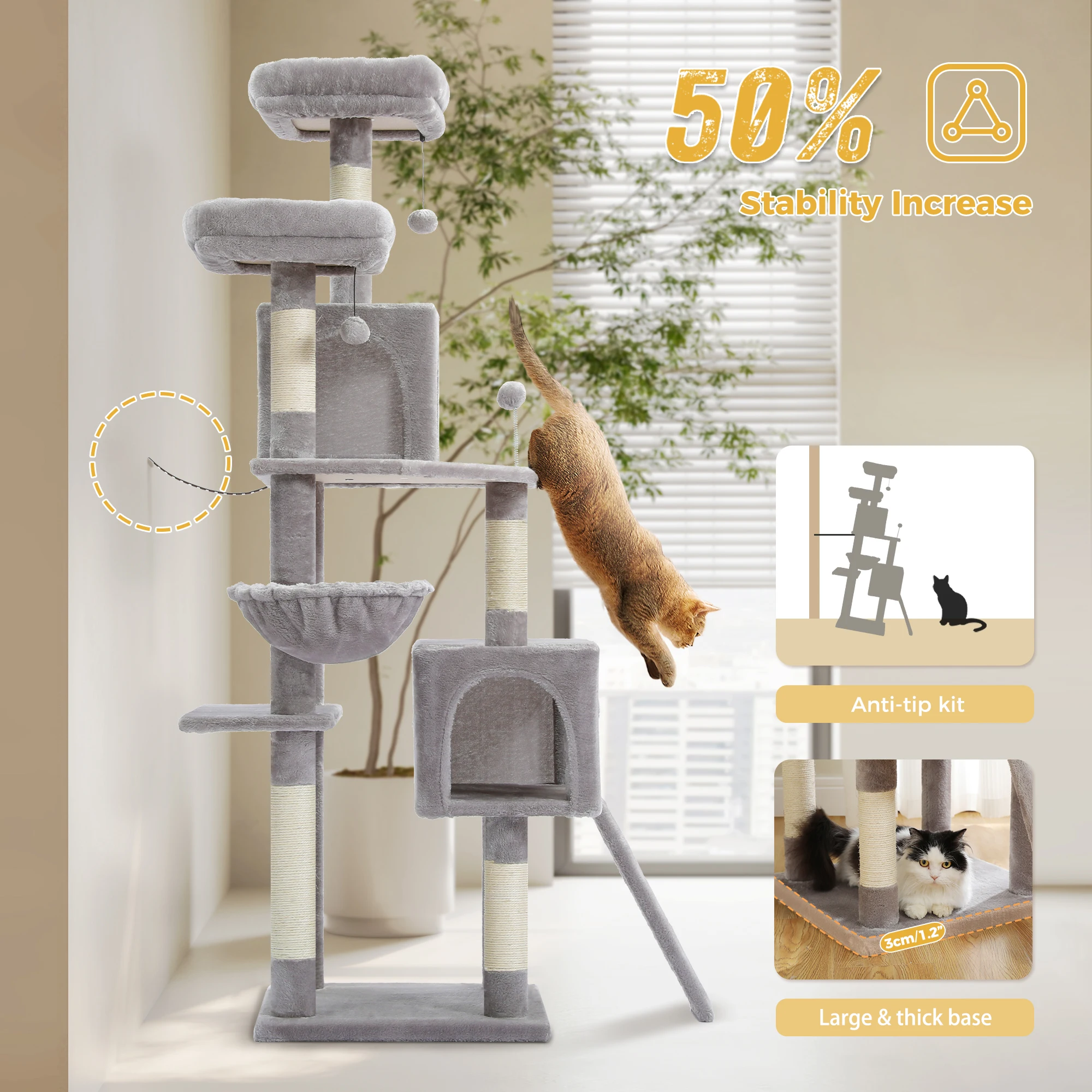 Torre de árbol para gatos de varios niveles con poste rascador de Sisal y almohadilla, hamaca acogedora, Condo grande de lujo para gatos de interior, accesorios para gatos de juguete - imagen 4